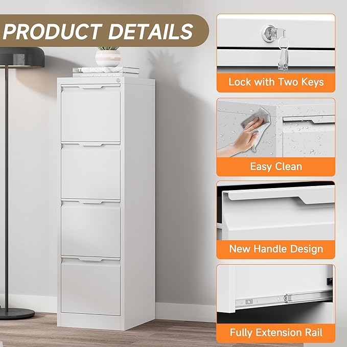 Coolsun Metal File Cabinet with Lock, 4 Drawer Filing Cabinet for Home Office, Locking Vertical Filing Cabinet for A4/F4/Lagel/Letter Assembly Required (White, 4 Drawer)