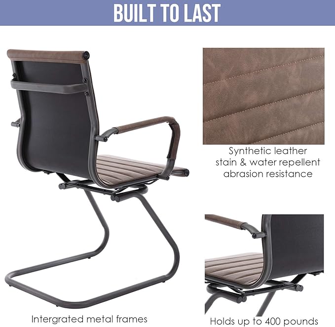 Wahson Office Guest Chairs No Wheels & Reception Chairs, Leather Waiting Room Chair Mid Back Conference Chair with Sled Base for Meeting/Lobby/Restroom, Brown (10 Pack)