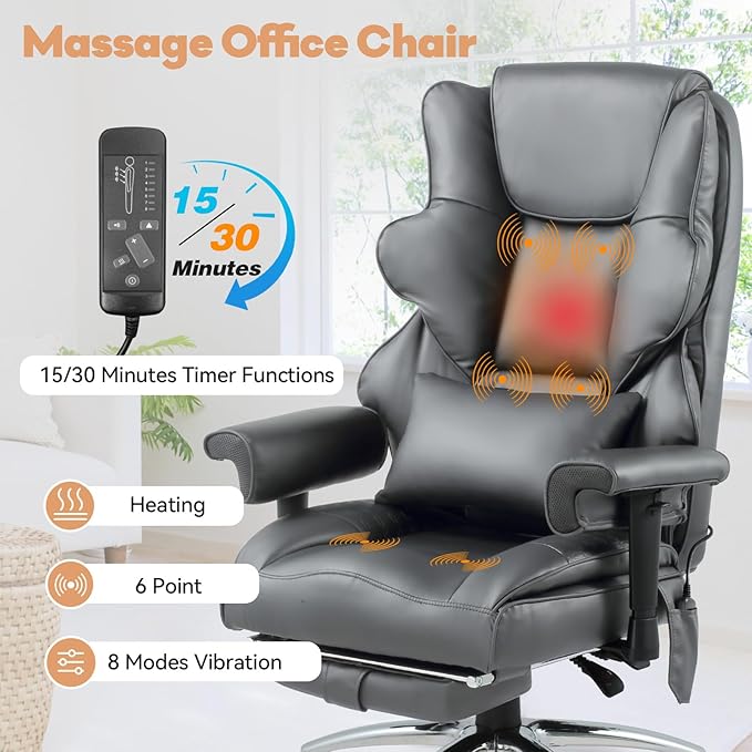 Massage Office Chair with Foot Rest, Ergonomic Executive Heated Office Chair with Reclining Backrest, Adjustable Arms and Lumbar Support, High Back Leather Desk Chairs for Home Office, Grey