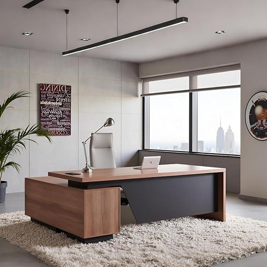 Retractable L-Shaped Executive Desk, Modern Office Desk with Drawers and Lateral File Cabinet, Large Computer Desk with Storage Shelves, Workstation for Home Office (Right Return, 70.86 - 78.7 IN)