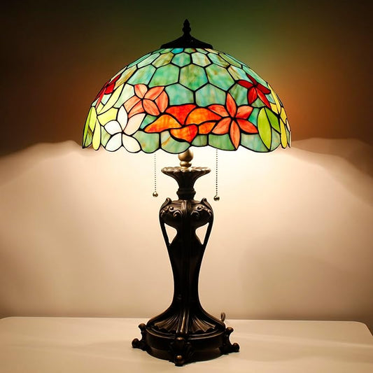 Tiffany Stained Glass Table Lamp 16X16X24 Inch Green Red Flowers Style Desk Bedroom Living Room Antique Reading Light (Red Flowers)