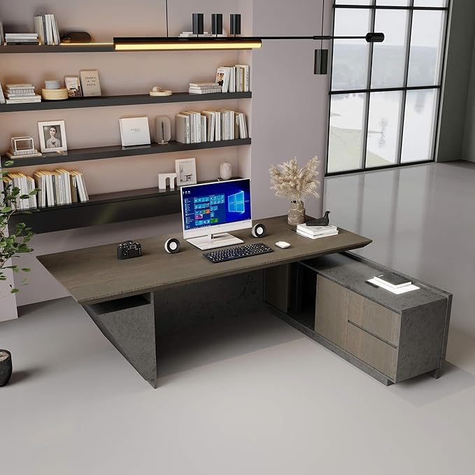 86.61IN Modern Executive Desk - Adjustable Height L-Shaped Executive Desk with Drawers & File Cabinet, Black Luxury Home Office Desk, Standing Desk Business Workstation with Universal Charging Ports