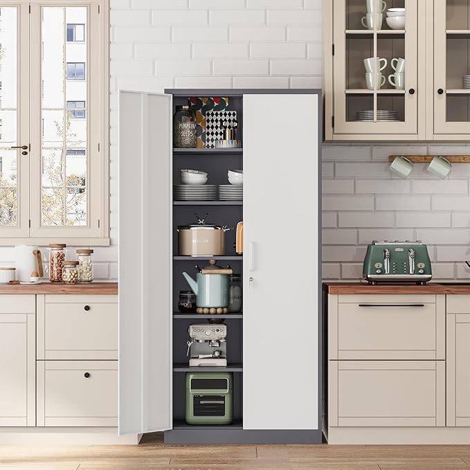 Metal 71' TallFile Cabinet with 5 Adjustable Shelves, Lockable Doors - Gray&White Steel Storage Cabinets for Home, School, Office, Garage