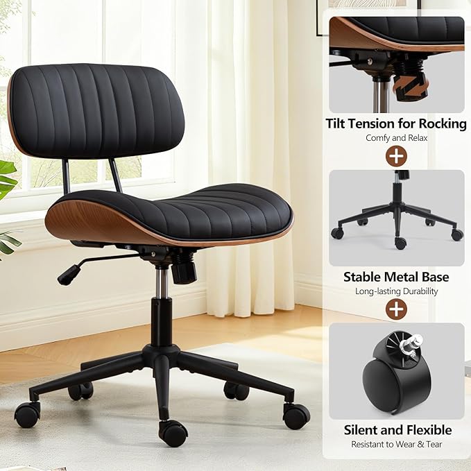 Home Office Chair with Wheels, Adjustable Height Desk Chair Leather Swivel Computer Chair, Armless Modern Walnut Chair for Office, Meeting Room, Black