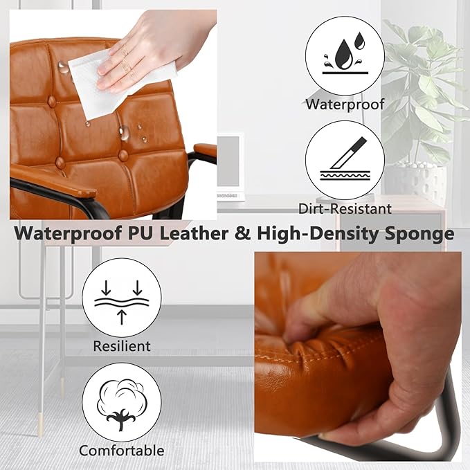 CLATINA Office Guest Chair, Leather Reception Chairs with Padded Arms, Desk Chair No Wheels Stationary for Conference Lobby Waiting Room Training Side Elderly, Set of 8-Orange