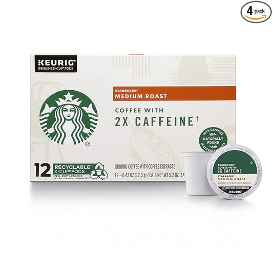 Starbucks Medium Roast K-Cup Coffee Pods with 2X Caffeine, for Keurig Brewers, 4 boxes (48 pods total)