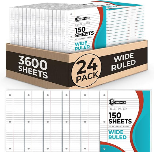 Rosmonde Bulk 3600 Sheets Loose Leaf Binder Filler Paper, Wide Ruled, Bulk Notebook Paper, 8 x 10.5", Loose Leaf Sheets, 3 Hole Punched, 24 Pack, 150 Sheets/Pack, Filler Papers, White