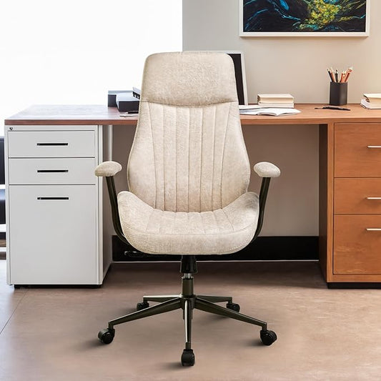 Mid Century Modren Office Chair - Fuax Leather Suede Brown Executive Chairs Ergonomic Mid Back with Lumbar Support, Swivel Computer Desk Task Chair with Wheels for Home Office (Beige, Hign Back)