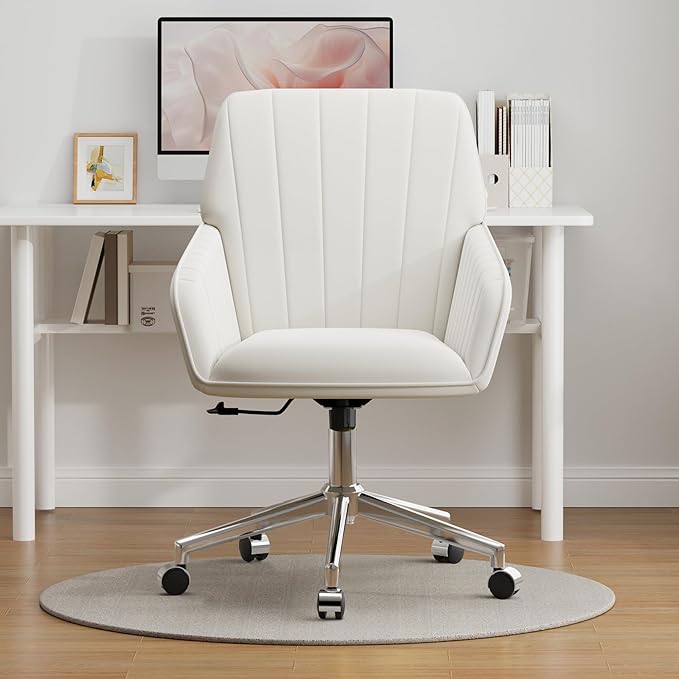 YISHENG Velvet Office Desk Chair with Silver Base, with Wheels,Modern Height Adjustable 360 Degree Swivel Upholstered Vanity Chairs with Arms for Living Room Bedroom,Cream