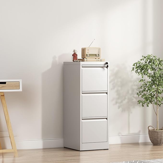 3-Drawer Locking Vertical File Cabinet, Metal Storage Cabinet for Office/Home – Secure Vertical Filing for Letter/Legal/A4/F4 Documents, Easy to Assemble Steel Cabinet (White, 3 Drawer-40 H)