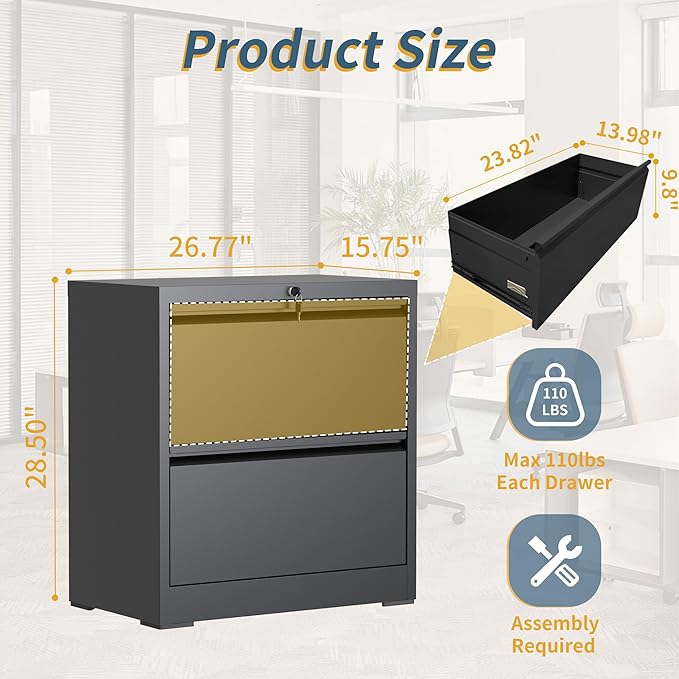 2 Drawer File Cabinet with Lock, Lateral Filing Cabinets,Metal Storage Filing Cabinets for Home Office, Heavy Duty File Cabinet for Letter/Legal/A4/F4 Size, Amssebly Required, Black