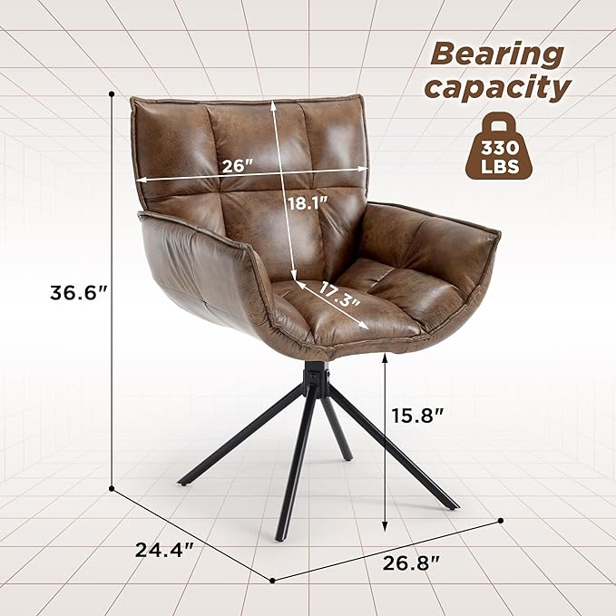 Desk Chair No Wheels, 360° Swivel Mid Century Modern Desk Chairs, Upholstered Faux Leather Swivel Accent Chair with Arms, Criss Cross Office Chair Without Wheels(Dark Brown, x1)