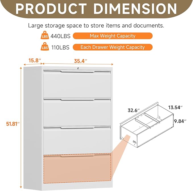 Coolsun Metal Lateral File Cabinet, 4 Drawer File Cabinet with Lock, Wide Filing Cabinet for Home Office, Locking Storage Cabinet for Hanging A4/F4/Letter/Legal, Assembly Required (White, 4 Drawer)