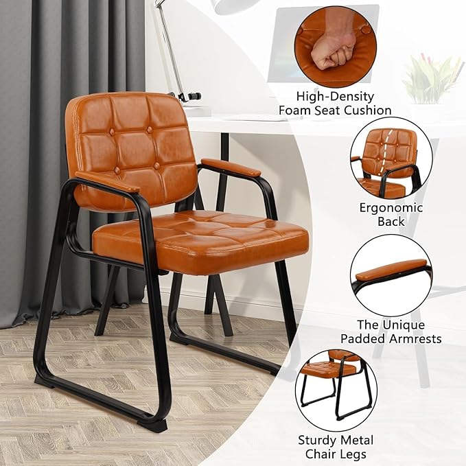 CLATINA Office Guest Chair, Leather Reception Chairs with Padded Arms, Desk Chair No Wheels Stationary for Conference Lobby Waiting Room Training Side Elderly, Set of 6-Orange