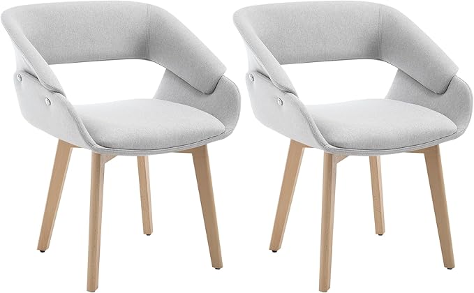 Home Office Desk Chair No Wheels Set of 2, Upholstered Linen Fabric Modern Accent Side Armchair with Wood Legs Hollow-Out Back, for Vanity Living Dining Room Bedroom, Grey