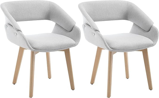 Home Office Desk Chair No Wheels Set of 2, Upholstered Linen Fabric Modern Accent Side Armchair with Wood Legs Hollow-Out Back, for Vanity Living Dining Room Bedroom, Grey