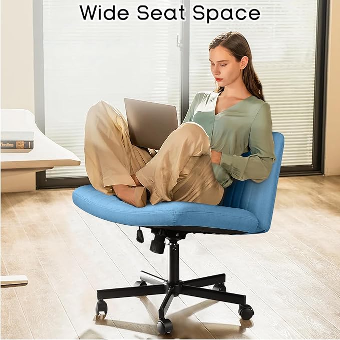 PUKAMI Criss Cross Chair with Wheels,Fabric Padded Armless Cross Legged Office Desk Chair for Home Office,Modern Swivel Height Adjustable Wide Seat(Blue)
