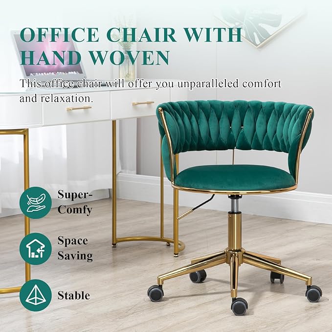 Home Office Chair with Hand Woven, Velvet Upholstered Desk Chair with Open Back, 360° Swivel & Height Adjustable Task Chair, Ergonomic Office Chair with Gold Base (Emerald)