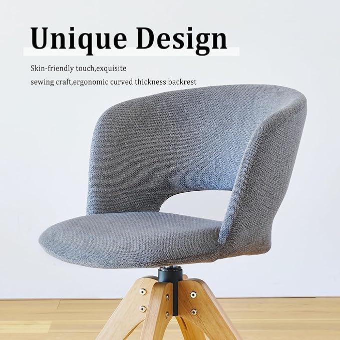 Mid Century Modern Swivel Accent Chair with Solid Wood Legs, Home Office Desk Chair No Wheels, Makeup Chair for Vanity, Upholstered Chair for Bedroom, Grey