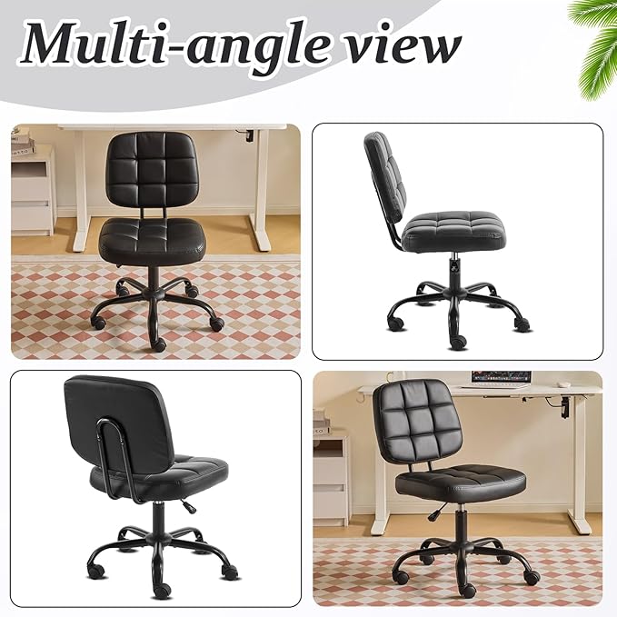 VINGLI Compact Small Desk Chair, Cute Armless Chair with Wheels, Vanity Chair with Low Back, Height Adjustable Task Chair for Small Spaces, Office, Bedroom, Make Up Room, PU Leather, Black