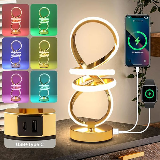 RGB Spiral Table Lamp, Modern LED Table Lamp, Chrome Cool Bedside Lamps, 7 Colors & 10 Light Modes Touch Dimmable LED Nightstand Lamp with USB/Type C for Bedroom, Living Room, Gold