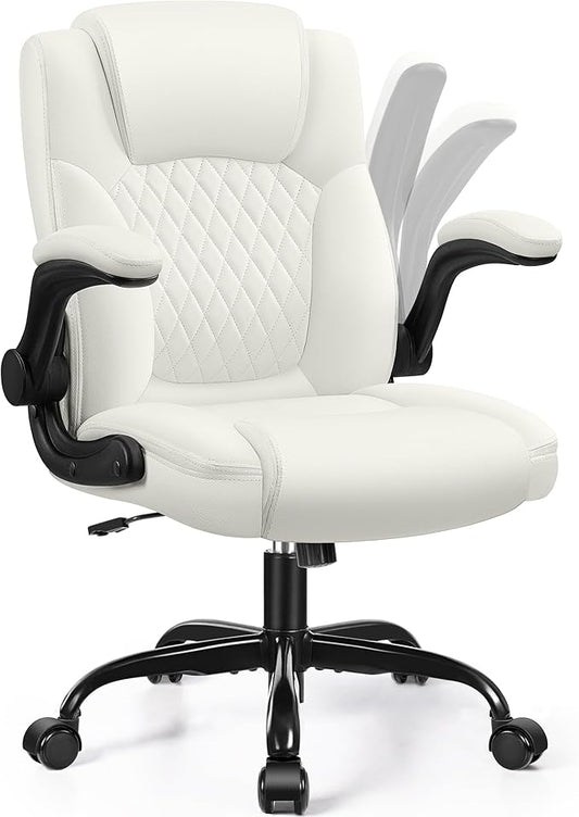 Leather Office Chair, PU Home Computer Desk Chairs with Ergonomic Back Support, 360° Swivel Free，Small Gmaing Chair with Wheels and Adjustable Armrests, for Short People Use, White