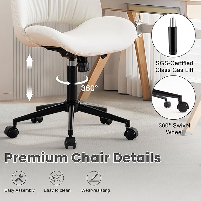 Rowill Armless Office Desk Chair, Ergonomic PU Leather Modern Task Chair with Back Adjustable Height, 360° Swivel Vanity Chairs with Wheels for Small Space, Home Office, Bedroom, White