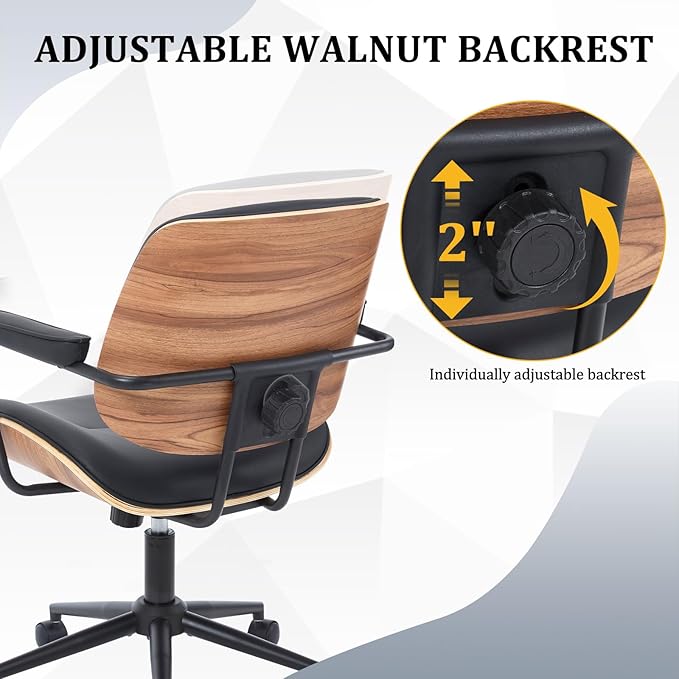 BV Mid Century Modern Office Chair Set of 1, Swivel Rolling Deak Chair with Armrests and Walnut Back, Adjustable Desk Chair for Home Office, Black
