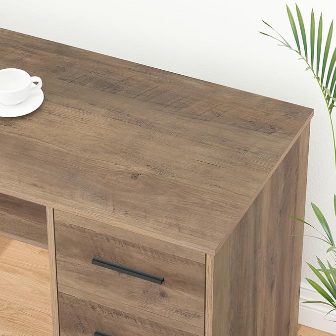 HSH Large L Shaped Home Office Desk with Drawers, Rustic L-shaped Computer Desk with Storage File Cabinet Shelves, Corner Reversible Metal Wood Executive Work Study Writing Table, 59 Inch Bedroom Desk