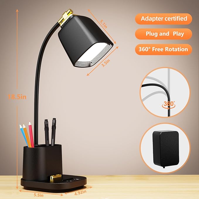 LED Desk Lamp with USB Charging Port Touch Control 3 Color Modes, Stepless Dimming,Eye-Caring LED Table Lamp for Home,Office,Bedroom,Reading,Work,Study,Gooseneck Lamp, 5V, 2.4A