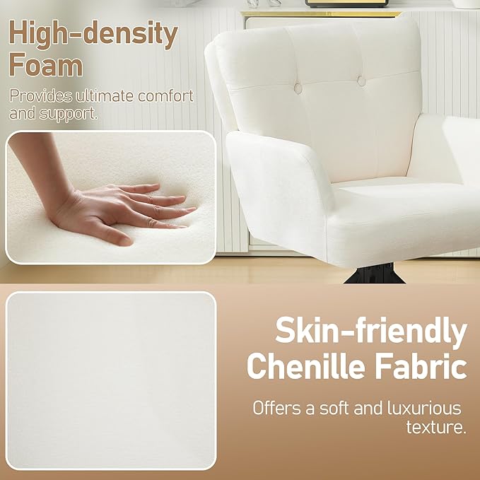 Fabric Dining Chair Set of 2 Modern Upholstered Swivel Dining Room Chairs Comfy Accent Armchair with Mid Back, Desk Arm Chair No Wheels for Kitchen/Living Room/Dining Room, White