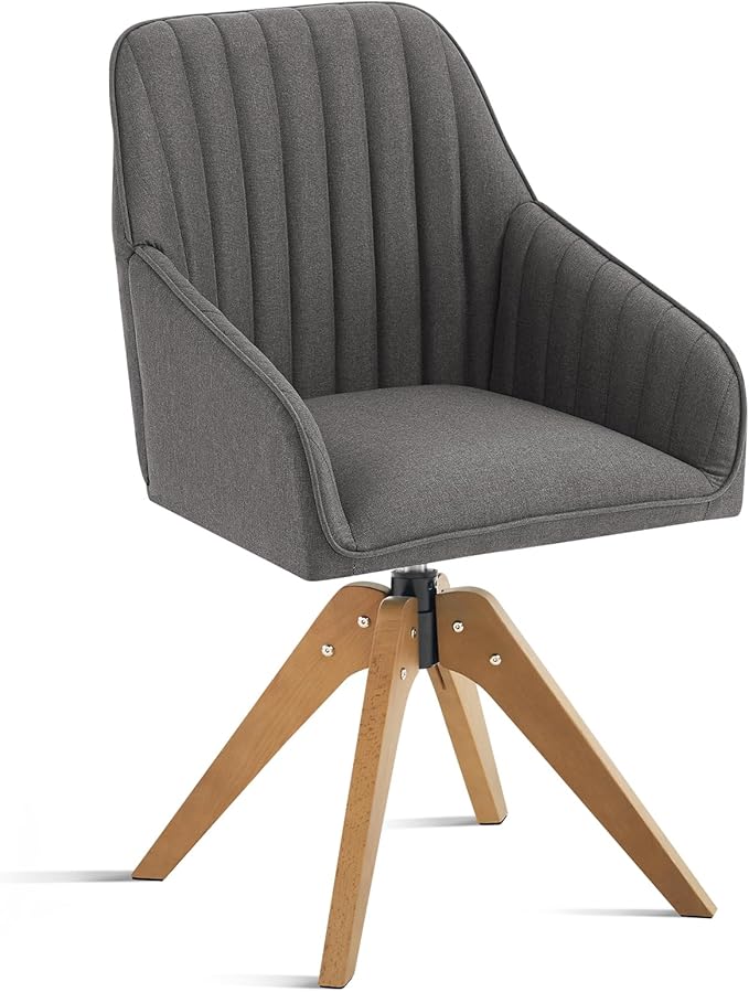 Furniliving Mid Century Modern Accent Chair, 36.8 Inch Upholstered Swivel Chair for Living Room with Arms Home Office Desk Chair for Bedroom Wood Legs Computer Task Chair No Wheels, Darkgrey
