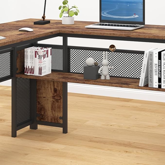 HSH L Shaped Computer Desk with File Drawers, Large Metal Wood L Shape Table with Storage Cabinet Shelves, Reversible Corner Home Office Executive Writing Study Workstation Desk, Rustic Brown, 59 Inch