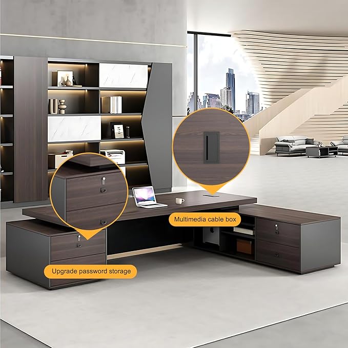 102IN L-Shaped Executive Desk, Executive Office Desk with Sub-Cabinet Storage & Combination Lock Storage Handle & Thickened Tabletop & Multimedia Wire Box & Front Baffle