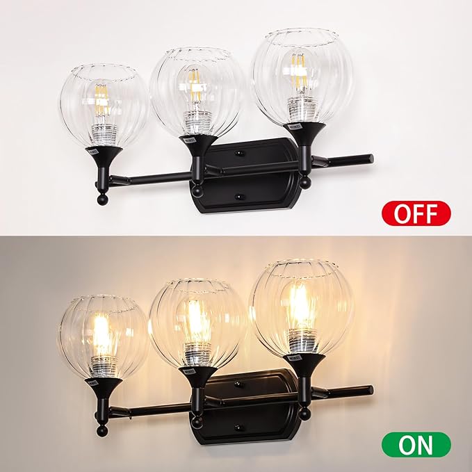 Matte Black Bathroom Vanity Light 3-Light Vanity Lights for Bathroom 10%-100% Dim(Night/Makeup Mode) Warm to Cool Light Switch Fog-Proof & Crystal Shade 20'' Wall Sconce