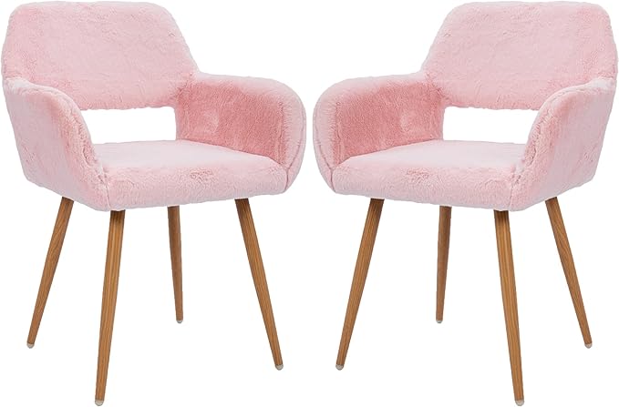 KCC Furry Desk Chair Set of 2, Mid-Century Modern Accent Faux Fur Chair for Teen Girls, Comfy Armchair with Wood Look Metal Legs for Living Room, Home Vanity Makeup Office Desk Chairs No Wheel, Pink