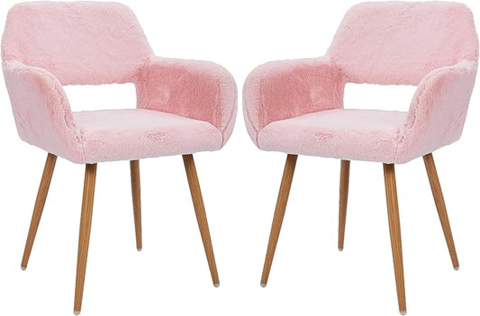 KCC Furry Desk Chair Set of 2, Mid-Century Modern Accent Faux Fur Chair for Teen Girls, Comfy Armchair with Wood Look Metal Legs for Living Room, Home Vanity Makeup Office Desk Chairs No Wheel, Pink