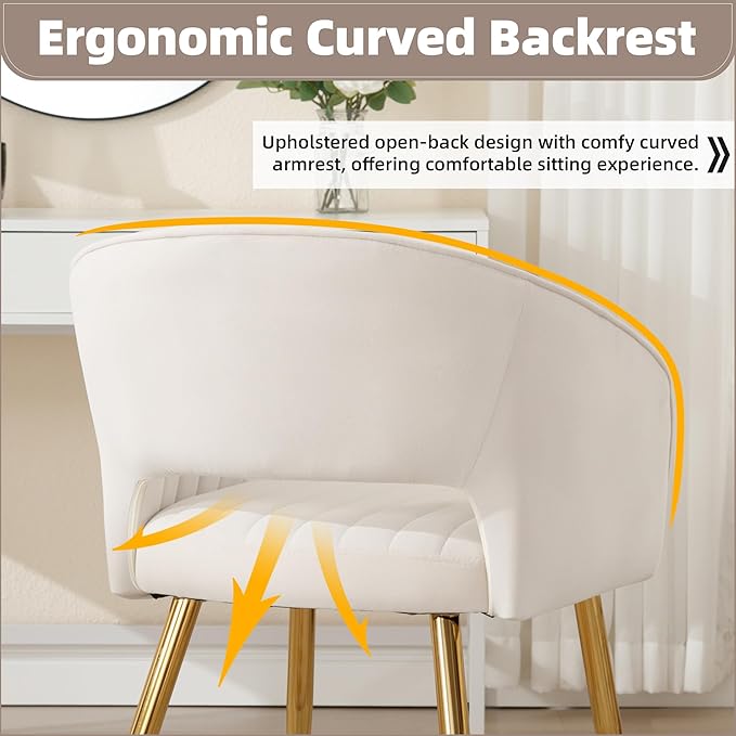 ABET Desk Chair with No Wheels, Velvet Home Office Armchair Gold Legs, Upholstered Modern Accent Chairs, Side Chair for Living Room Bedroom Vanity, Off-White Cream