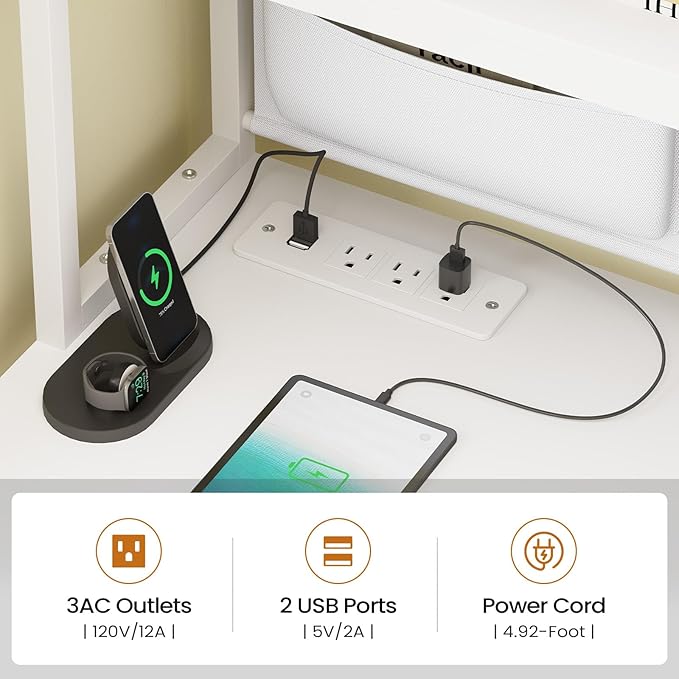 SEDETA L Shaped Gaming Desk, Home Office Computer Desk with 2 Drawer and Bookshelf, L Shaped Gaming Corner Desk with LED Light, Glass Cabinet,Storage Bag and Storage Shelves, White