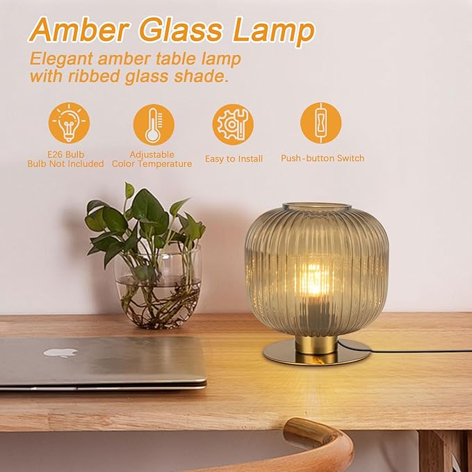 Ribbed Glass Table Lamp, Mid Century Modern Gold Bedside Lamp Brass Desk Lamp for Bedroom Nightstand Living Room Study Office (7.9-inch Smoke Gray)