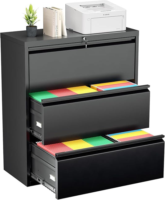 Greenvelly Lateral File Cabinet with Lock,3 Drawer Metal Filing Cabinet for Home Office, Black Steel Lateral File Drawers, Wide Office File Cabinet with Hanging Bars for A4 Legal/Letter Size