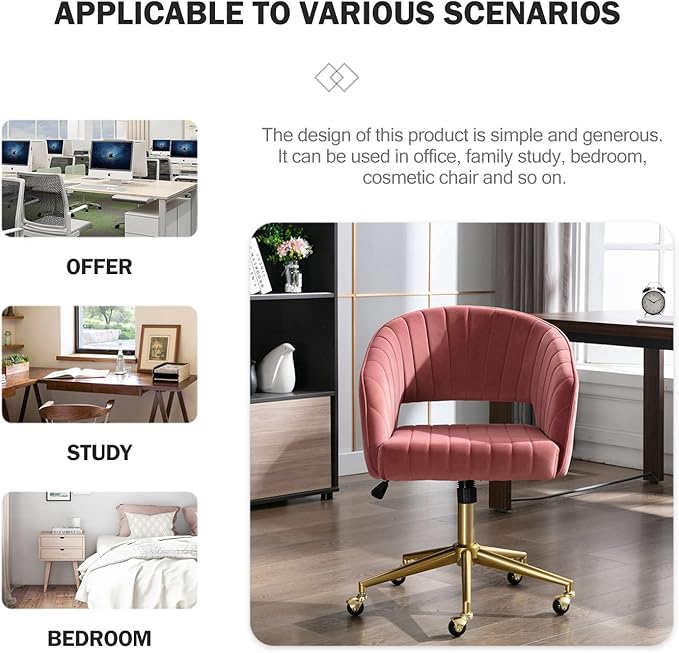 Nrizc Velvet Home Office & Living Room Desk Chairs with Adjustable Swivel Wheels, Ergonomic Upholstered Office Chair for Bedroom, Vanity Study (Rose)