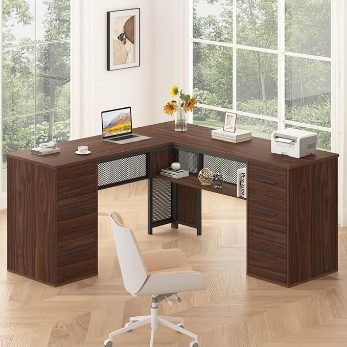 HSH Large L Shaped Executive Desk with Drawers, Home Office Metal Wood Computer Desk for Work Writing Study Gaming, Rustic L-Shaped Walnut Desk Table with File Drawer, Storage Cabinet Shelves, 59 in
