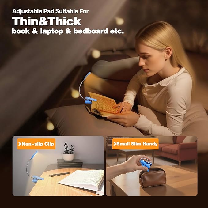 VAVOFO Rechargeable Book Light for Reading in Bed Kids, 7 LED Reading Light with 9-Level Warm Cool White Daylight, Eye Care Lamp with Power Indicator for Bookworms (Blue Lotus)