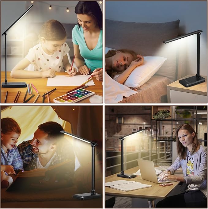 LED Desk Lamp with USB Charging Port Whole White for Home Office Essentials Table Lamp with Eye-Caring 4 Color Temperature Touch Control Stepless Dimming Desk Light for College Dorm
