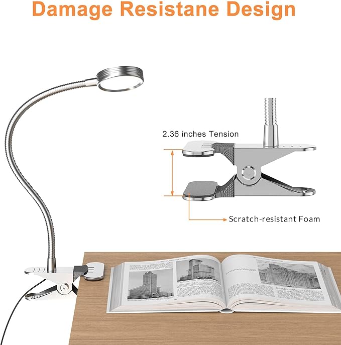 LEPOWER Clip on Light/Reading Light/Book Lights/Desk Lamp Color Changeable/Night Lights Clip on for Desk, Bed Headboard and Computers, Adapter Included, Silver
