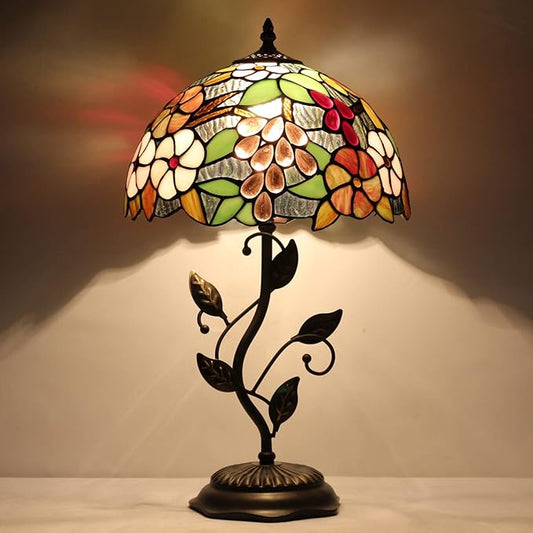 Tiffany Lamp Purple Grape Style Stained Glass Table Lamp Desk Bedside Reading Light 12X12X19 Inches with Metal Leaf Base Decor Bedroom Living Room