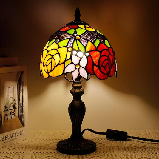 Small Tiffany Lamp Stained Glass Table Lamp Mini Desk Accent Light for Bedroom Bedside Reading Home Antique Style Decor 8X15 Inches (Red Yellow)
