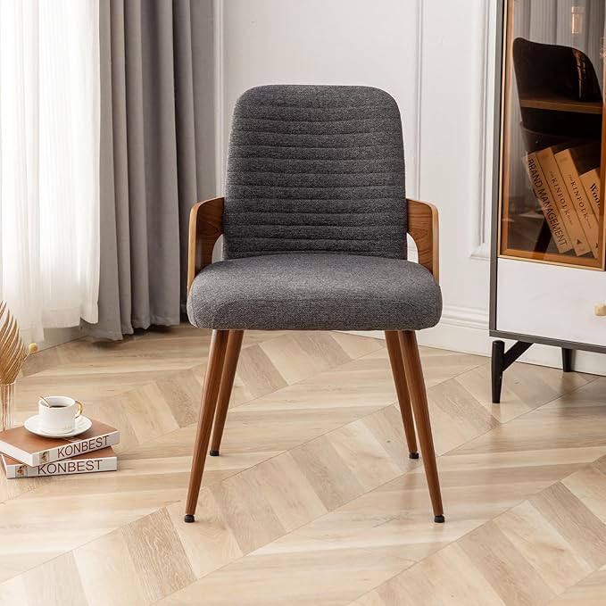 Dining Room Chairs Set of 4,Mid Century Modern Kitchen Chairs,Upholstered Accent Chairs,Metal Legs Wooden Desk Chairs,Armless and No Wheels for Kitchen Dining Living Room,Gray Fabric