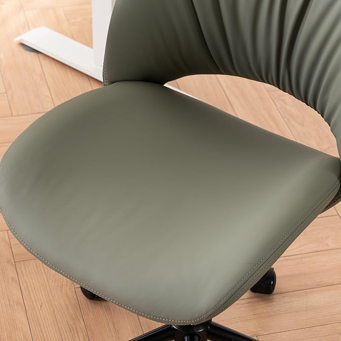 Rowill Armless Office Desk Chair, Ergonomic PU Leather Modern Task Chair with Back Adjustable Height, 360° Swivel Vanity Chairs with Wheels for Small Space, Home Office, Bedroom, Olive Green